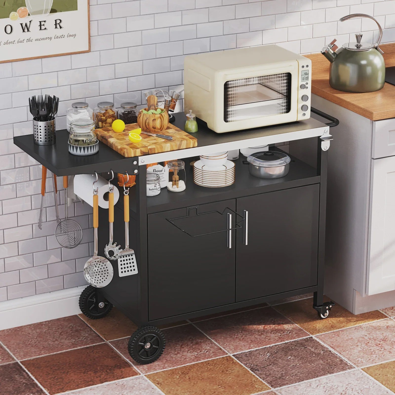 Outdoor Keuken Eiland Grill Cart met Opbergruimte en Inklapbaar RVS Werkblad - Zwart