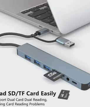 8-in-2 USB-C Hub met SD/TF Kaartlezer, 3.5mm Audio & USB 3.0 Extender voor MacBook/PC/Laptop