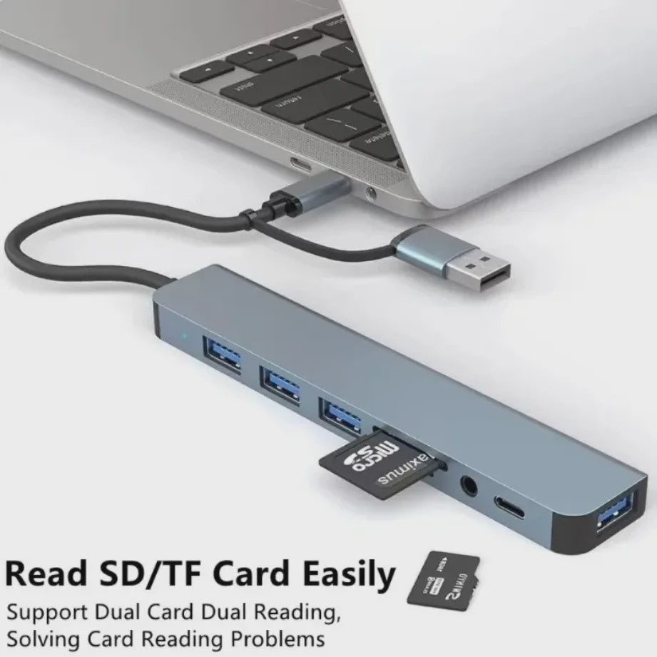 8-in-2 USB-C Hub met SD/TF Kaartlezer, 3.5mm Audio & USB 3.0 Extender voor MacBook/PC/Laptop