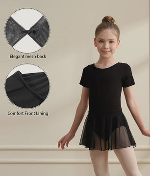 Girls Short Sleeve Ballet Leotard Girls Mesh Dance Leotard with Skirt  Kids Back Bow Knot Dancewear