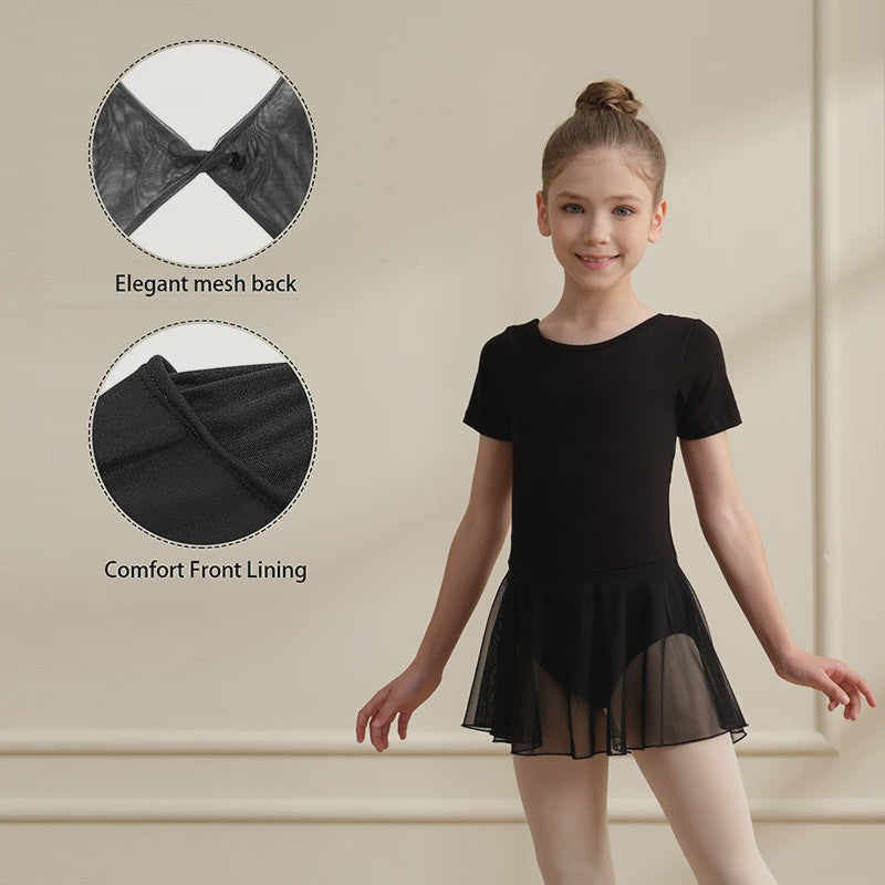 Girls Short Sleeve Ballet Leotard Girls Mesh Dance Leotard with Skirt  Kids Back Bow Knot Dancewear