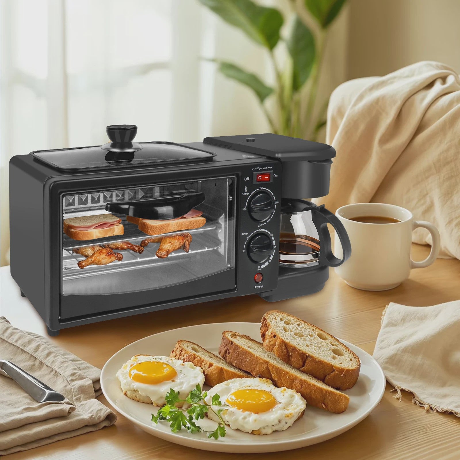 3-in-1 Ontbijt Machine: Oven, Koffiezetter & Grillpan - Compacte Keukenheld
