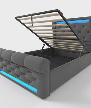 Modern Gestoffeerd 1-persoonsbed 90x200cm met LED-verlichting, USB/Type-C en Hydraulische Opbergruimte