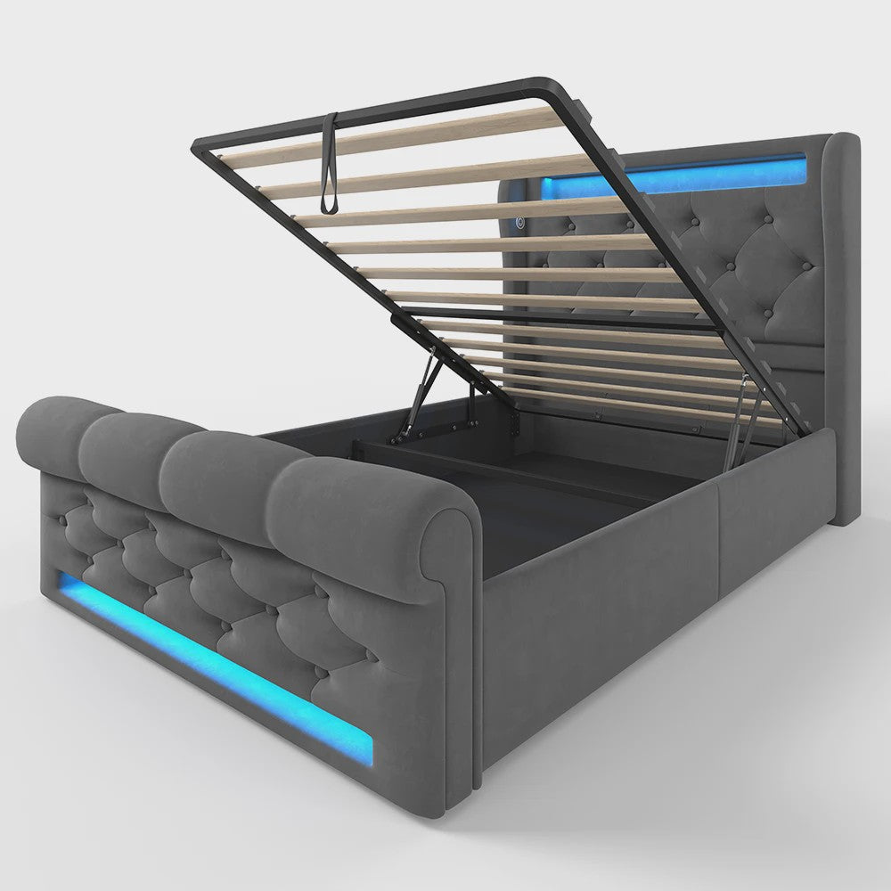Modern Gestoffeerd 1-persoonsbed 90x200cm met LED-verlichting, USB/Type-C en Hydraulische Opbergruimte