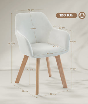 Set van 2 Crème Fluweel Armstoelen - Comfortabele Eetkamerstoelen met Houten Poten