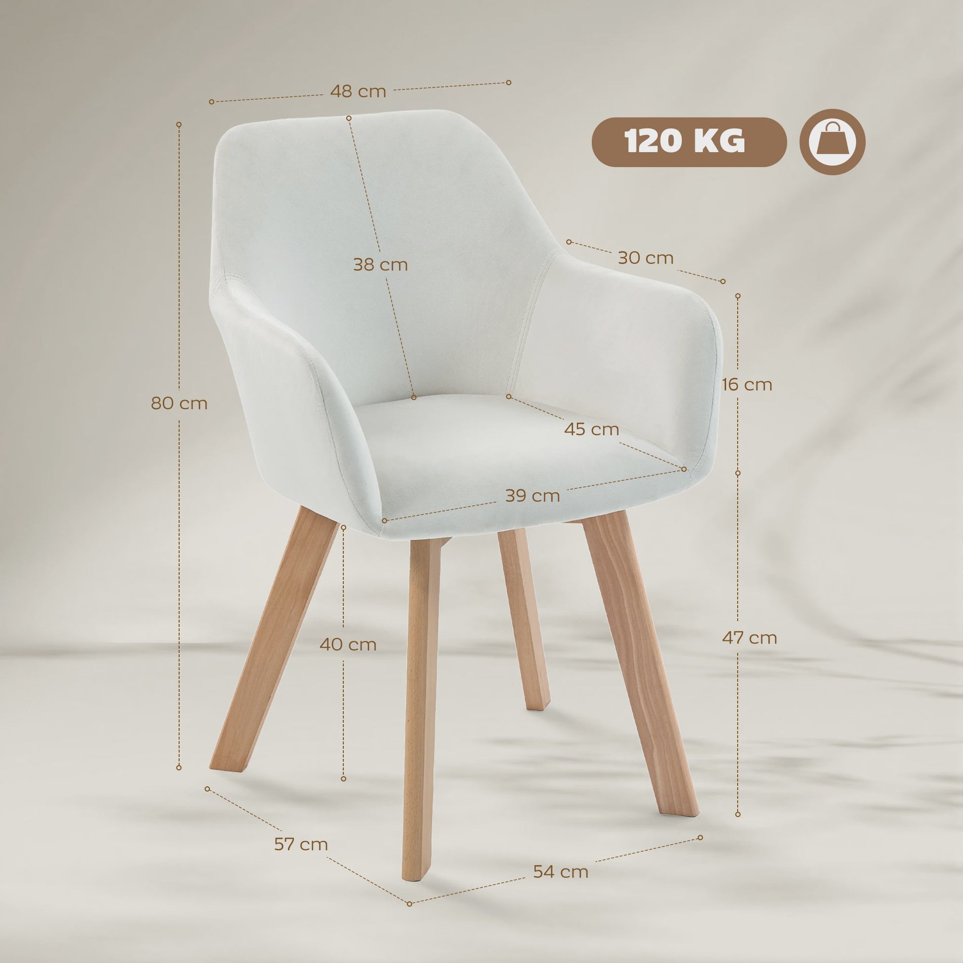 Set van 2 Crème Fluweel Armstoelen - Comfortabele Eetkamerstoelen met Houten Poten