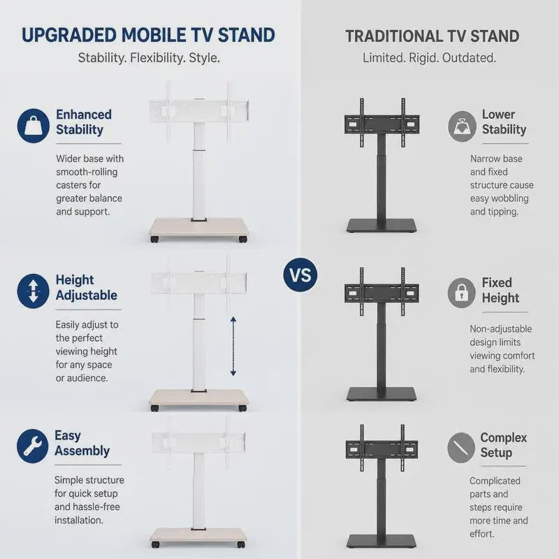 Verrijdbare TV Standaard met Draaibare Mount, In Hoogte Verstelbaar & Plank