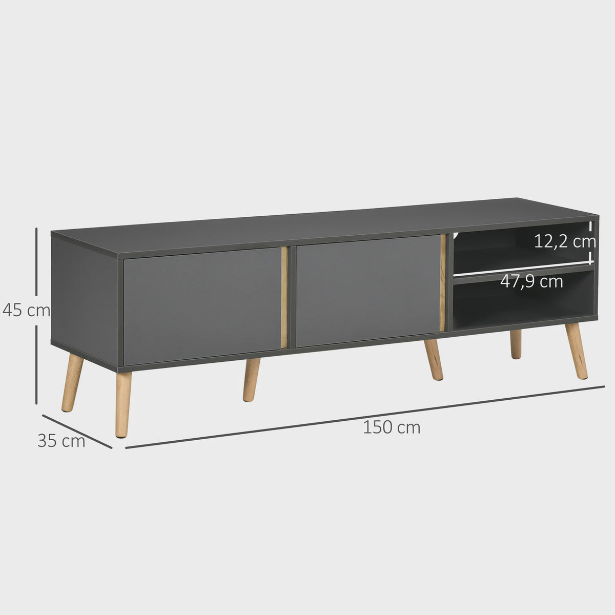 Scandinavische TV-meubel Donkergrijs - 150cm - 2 Deuren & Open Niche - Kabeldoorvoer - Tot 55 inch