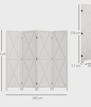 HOMCOM Paravent 4 Panelen Wit Hout Landelijke Stijl Kamerverdeler 182x170 cm