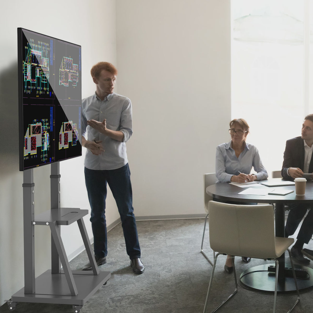 Robuuste Mobiele TV Trolley met Verstelbare Hoogte en 2 Opbergplanken