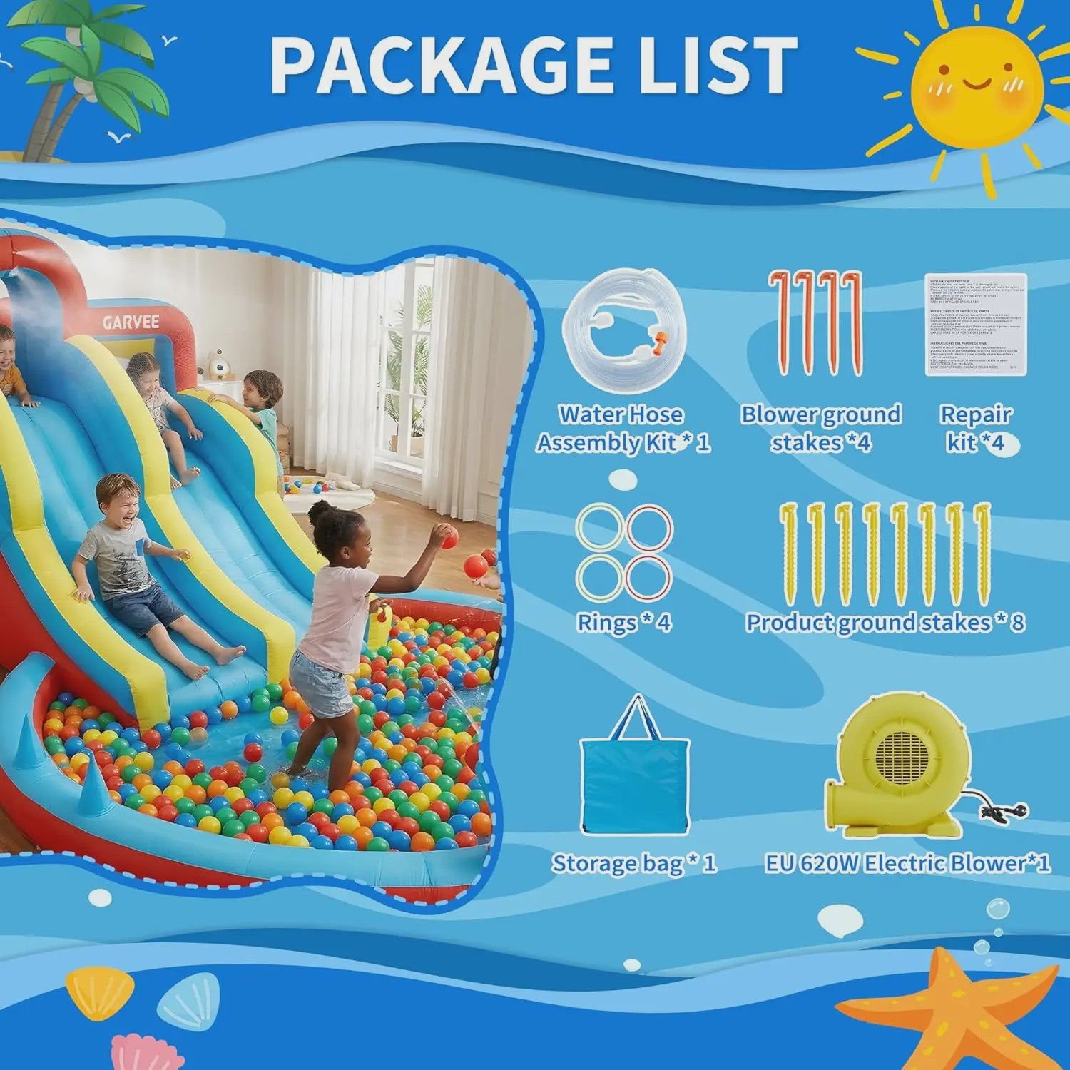 Garvee Kinder Springkussen met Waterglijbaan en Waterpistool - Groot Opblaasbaar Speelparadijs
