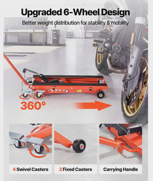 Hydraulische Motorlift Krik 1100/1500 lbs - Voetbediend & 6 Wielen - Voor Motoren & Crossmotoren
