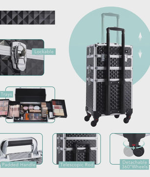3-in-1 Make-up Trolley Koffer op Wielen - Verwijderbaar & Afsluitbaar - Professionele Make-up Case