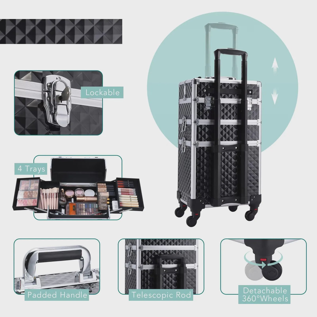3-in-1 Make-up Trolley Koffer op Wielen - Verwijderbaar & Afsluitbaar - Professionele Make-up Case