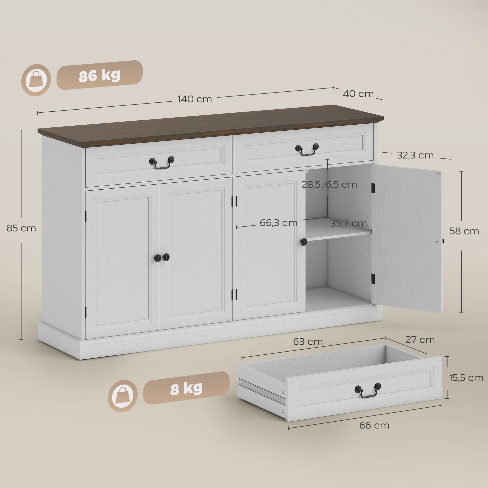 HOMCOM Buffetkast Woonkamer - 4 Deuren, 2 Lades, Verstelbare Planken & Rustieke Stijl