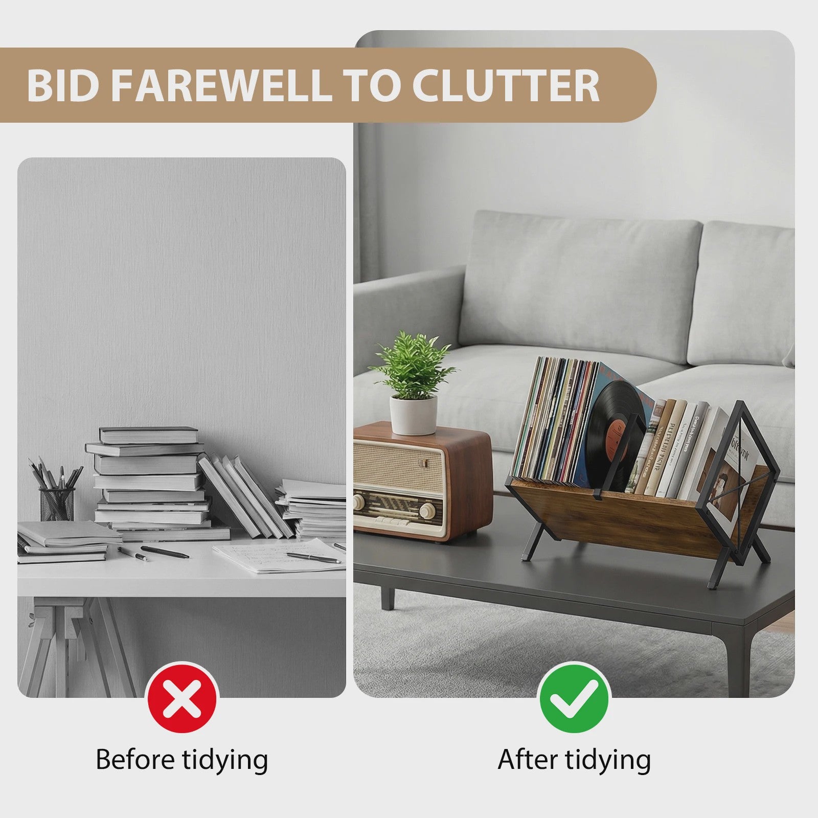 Stijlvolle Retro Vinylplatenhouder & LP Opbergrek - Minimalistisch Bureau Display