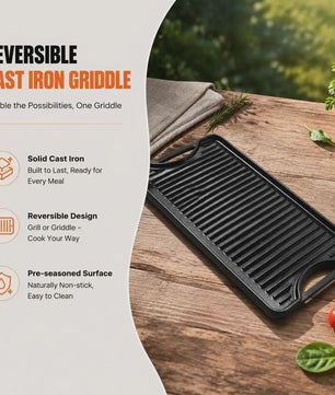 Omkeerbare Gietijzeren Grillplaat/Bakplaat 492x218mm - Draagbaar, Rechthoekig, Voor Binnen & Buiten Koken
