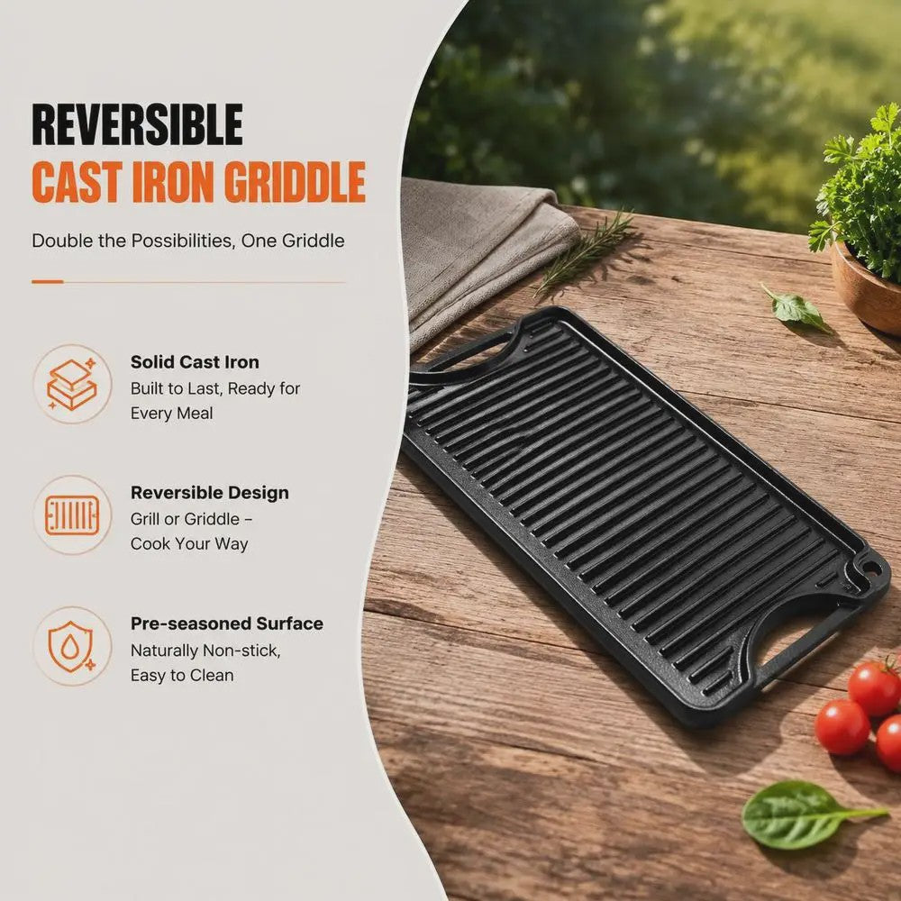 Omkeerbare Gietijzeren Grillplaat/Bakplaat 492x218mm - Draagbaar, Rechthoekig, Voor Binnen & Buiten Koken