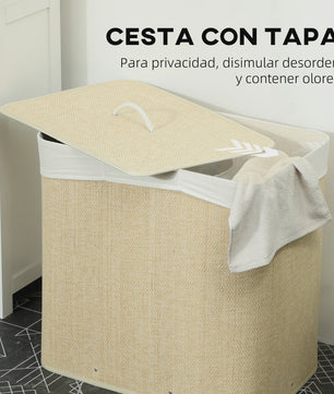 Homcom Bamboe Wasemmer met Deksel & 3 Vakken - 144L, Afneembare Voering, Handvatten - 60x40x60 cm