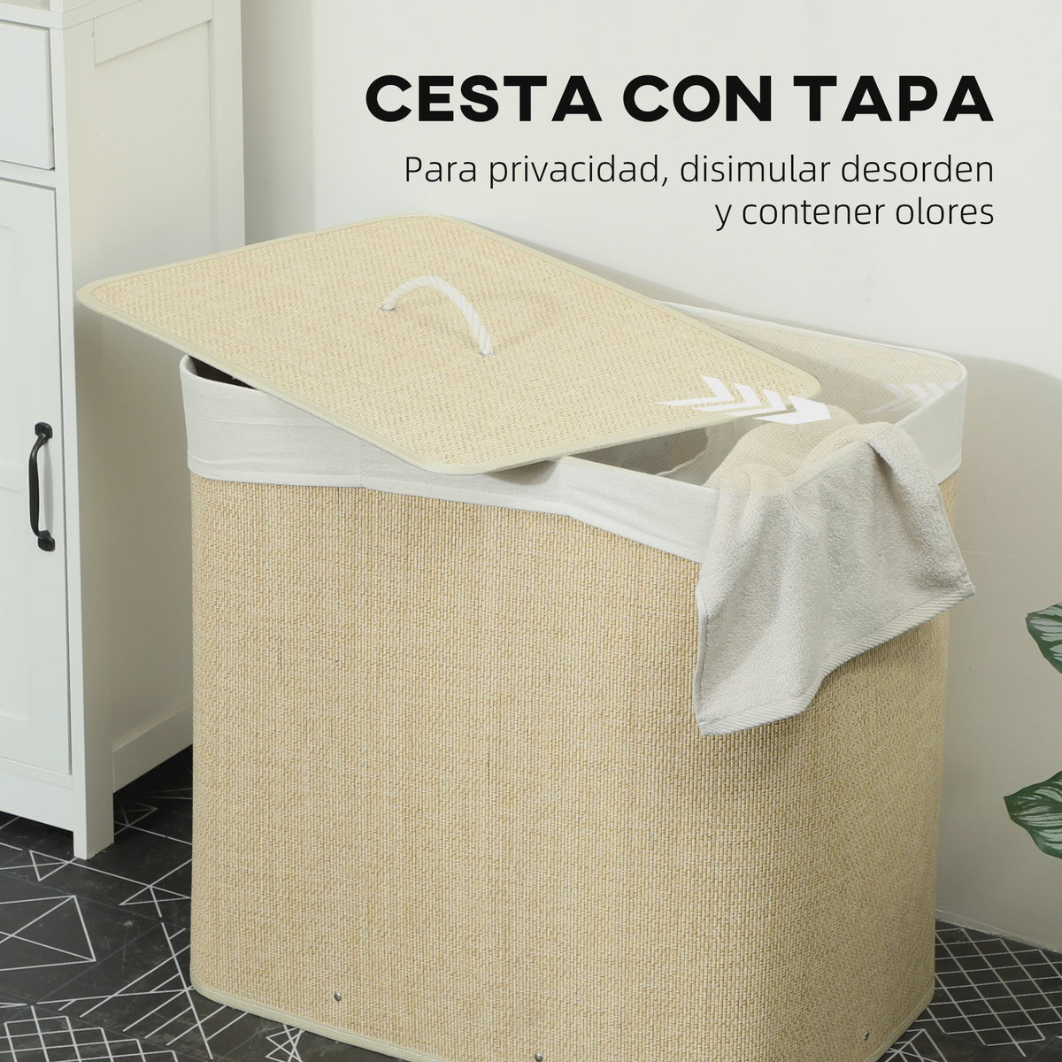 Homcom Bamboe Wasemmer met Deksel & 3 Vakken - 144L, Afneembare Voering, Handvatten - 60x40x60 cm