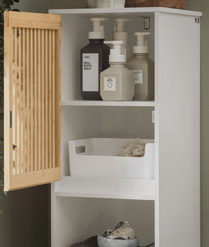 Smalle Hoge Badkamerkast met Planken - Wit & Houtkleur - 33x165x33 cm