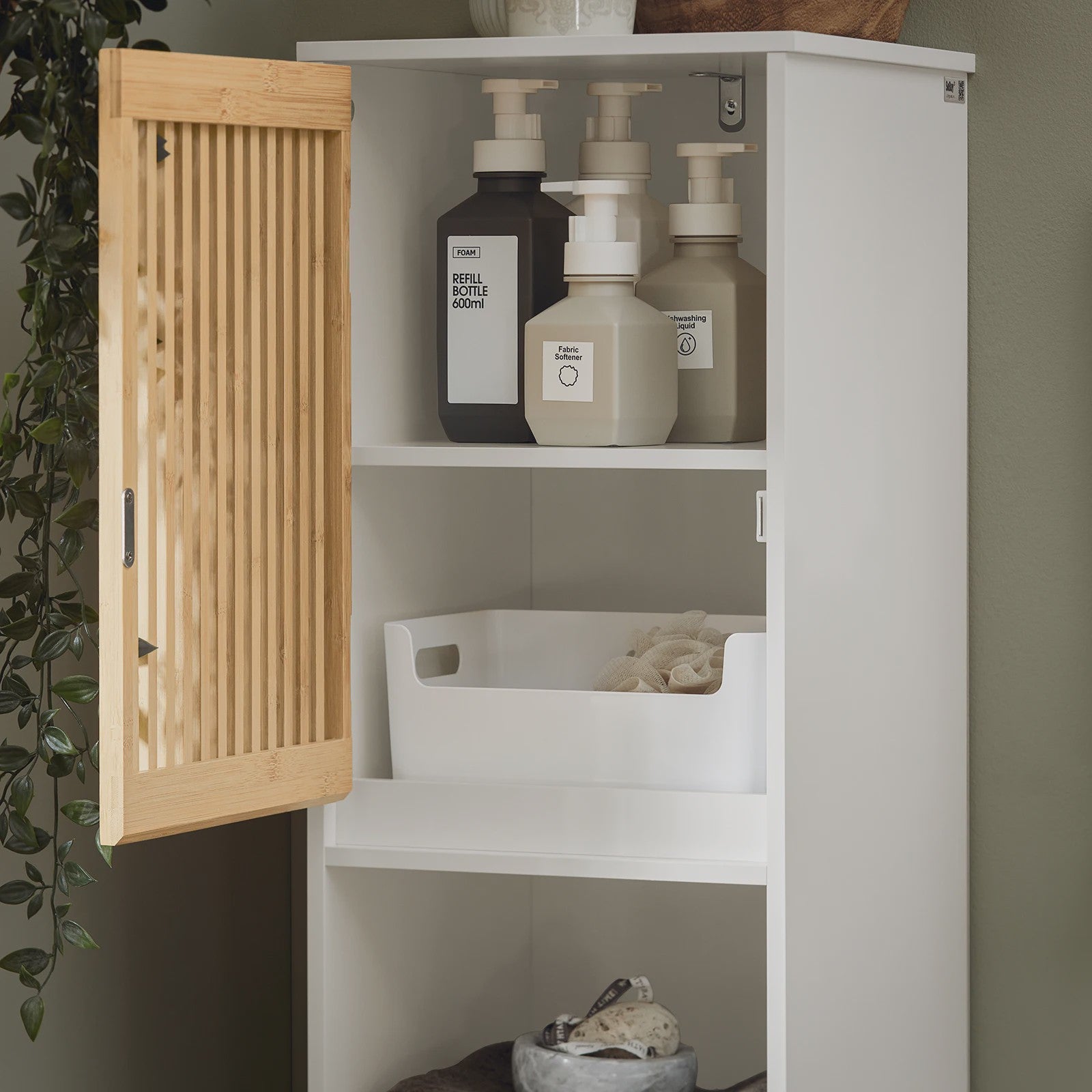 Smalle Hoge Badkamerkast met Planken - Wit & Houtkleur - 33x165x33 cm
