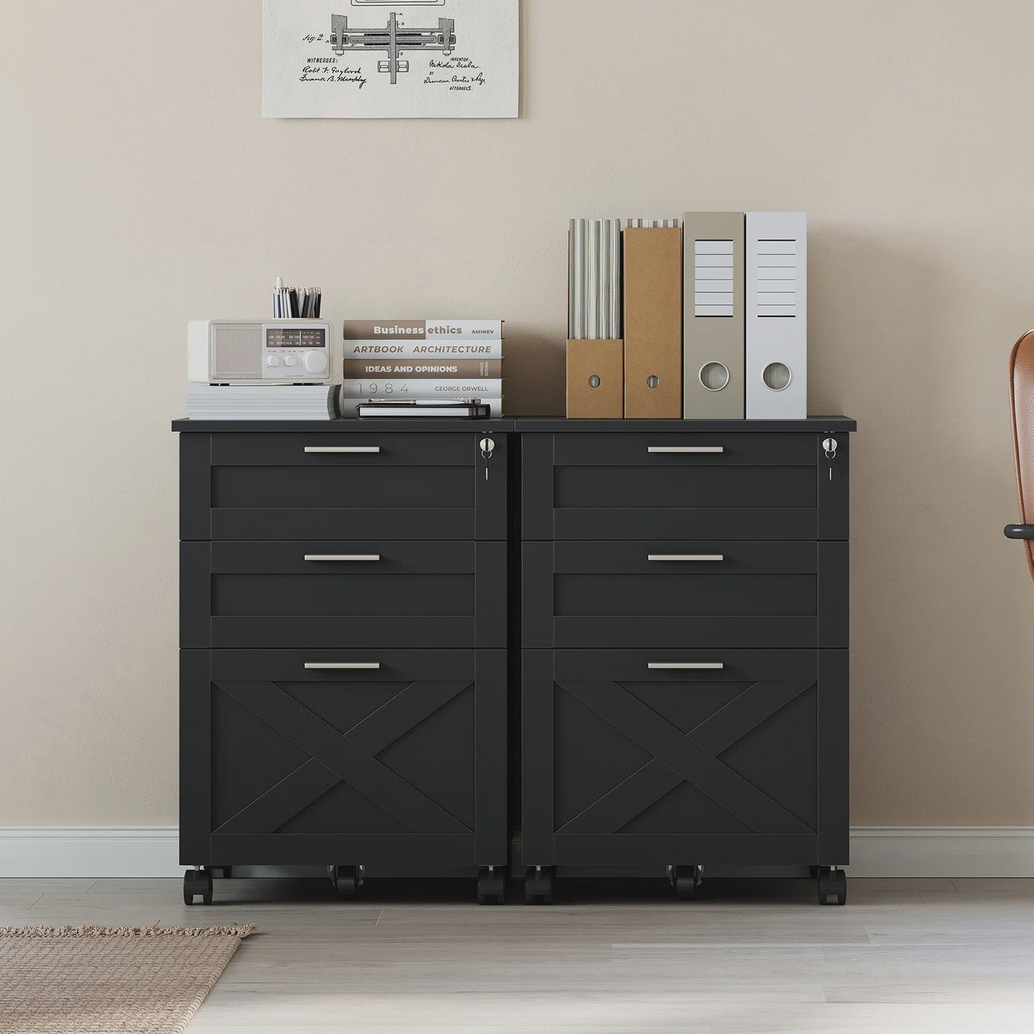 Mobiel Houten Archiefkastje met 3 Lades en Slot - Onder Bureau Ladeblok op Wielen