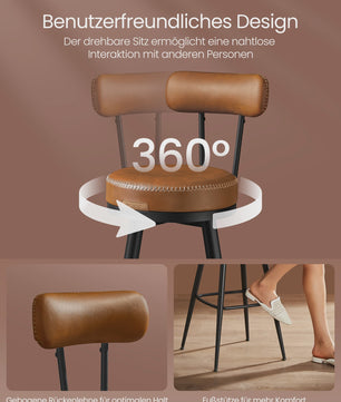 Set van 2 Bruine Barstoelen met Rugleuning en Draaibare Zitting - Kunstleer
