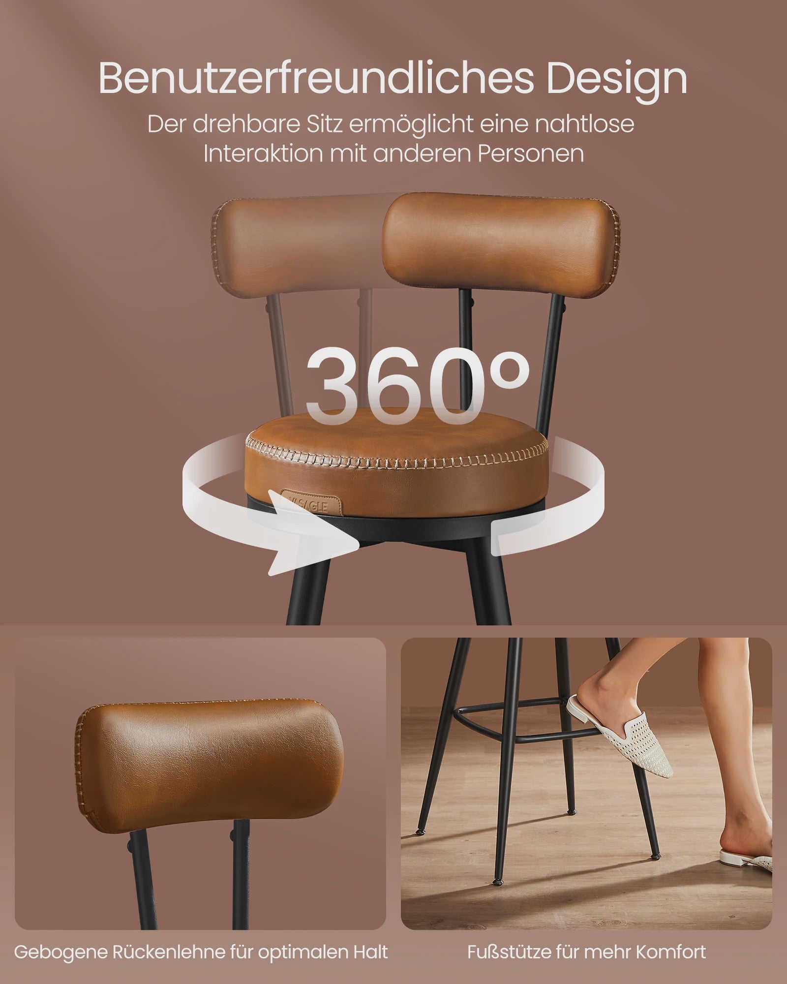 Set van 2 Bruine Barstoelen met Rugleuning en Draaibare Zitting - Kunstleer