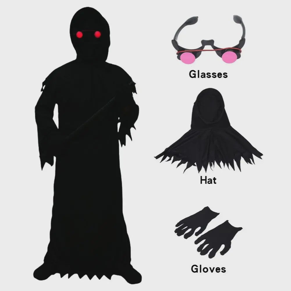 Grim Reaper Doodskostuum met Gloeiende Rode Ogen - Compleet Halloween Outfit