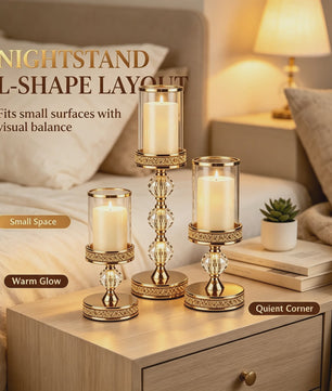 Luxe Gouden Kandelaars Set (3 stuks) met Kristal en Glas - Sfeervolle Decoratie