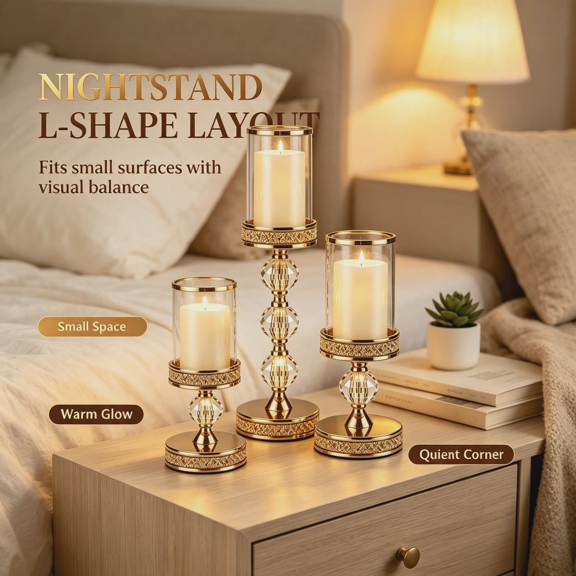 Luxe Gouden Kandelaars Set (3 stuks) met Kristal en Glas - Sfeervolle Decoratie