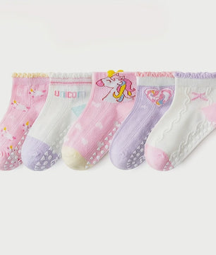 5 Paar Antislip Sokken Kinderen - Unicorn & Hartjes - Zacht & Comfortabel
