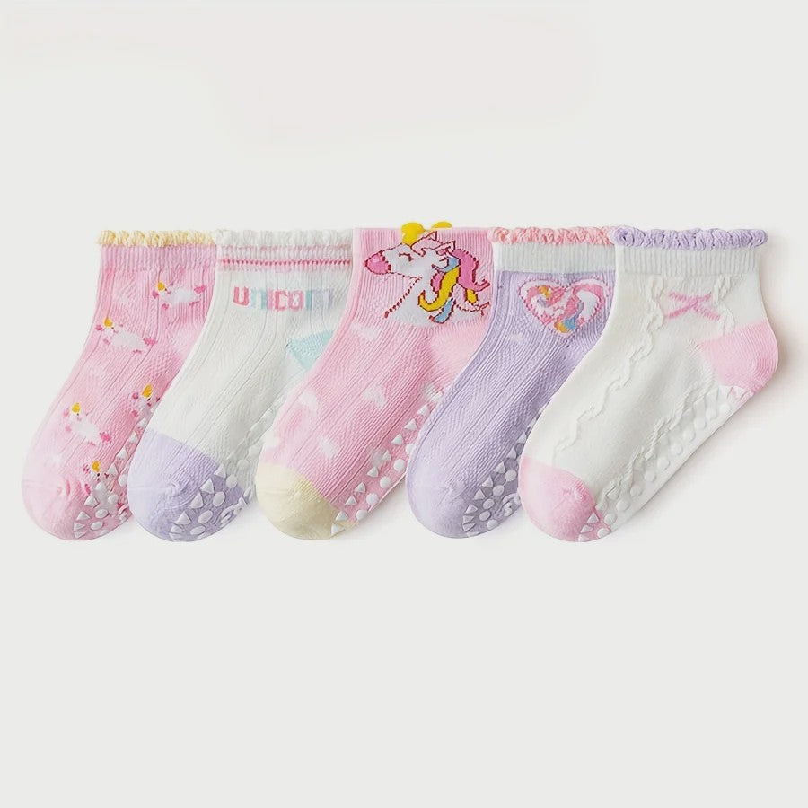 5 Paar Antislip Sokken Kinderen - Unicorn & Hartjes - Zacht & Comfortabel