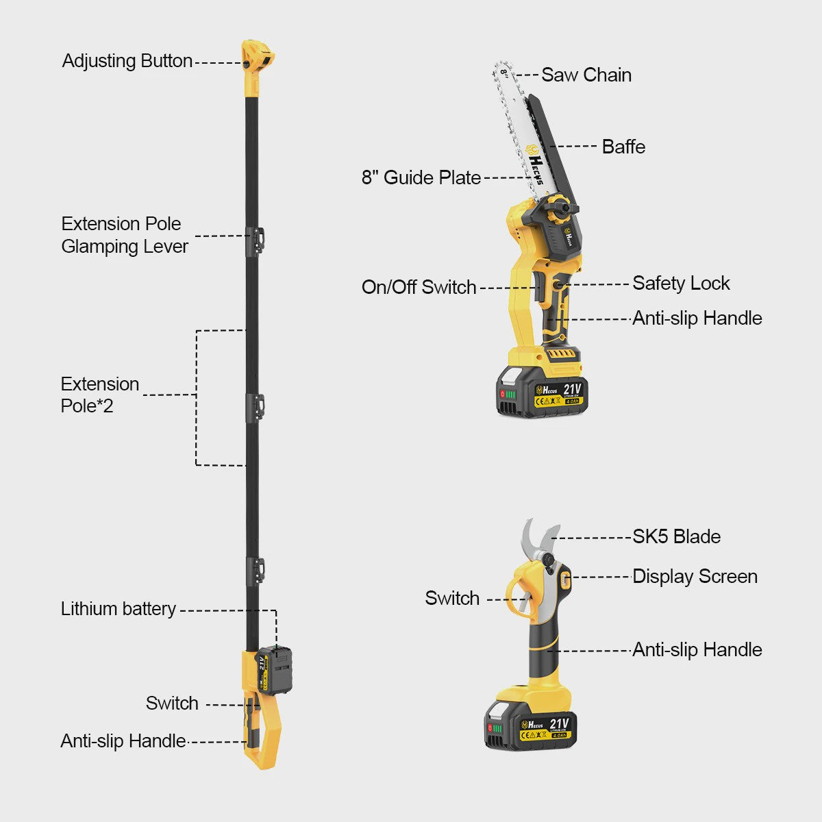 Hecus 4-in-1 Telescopische Snoeischaar & Kettingzaag - Borstelloos, voor Makita 18V Accu