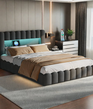 Luxe Gestoffeerd Bed 180x200cm met LED-verlichting, USB & Hydraulische Opbergruimte