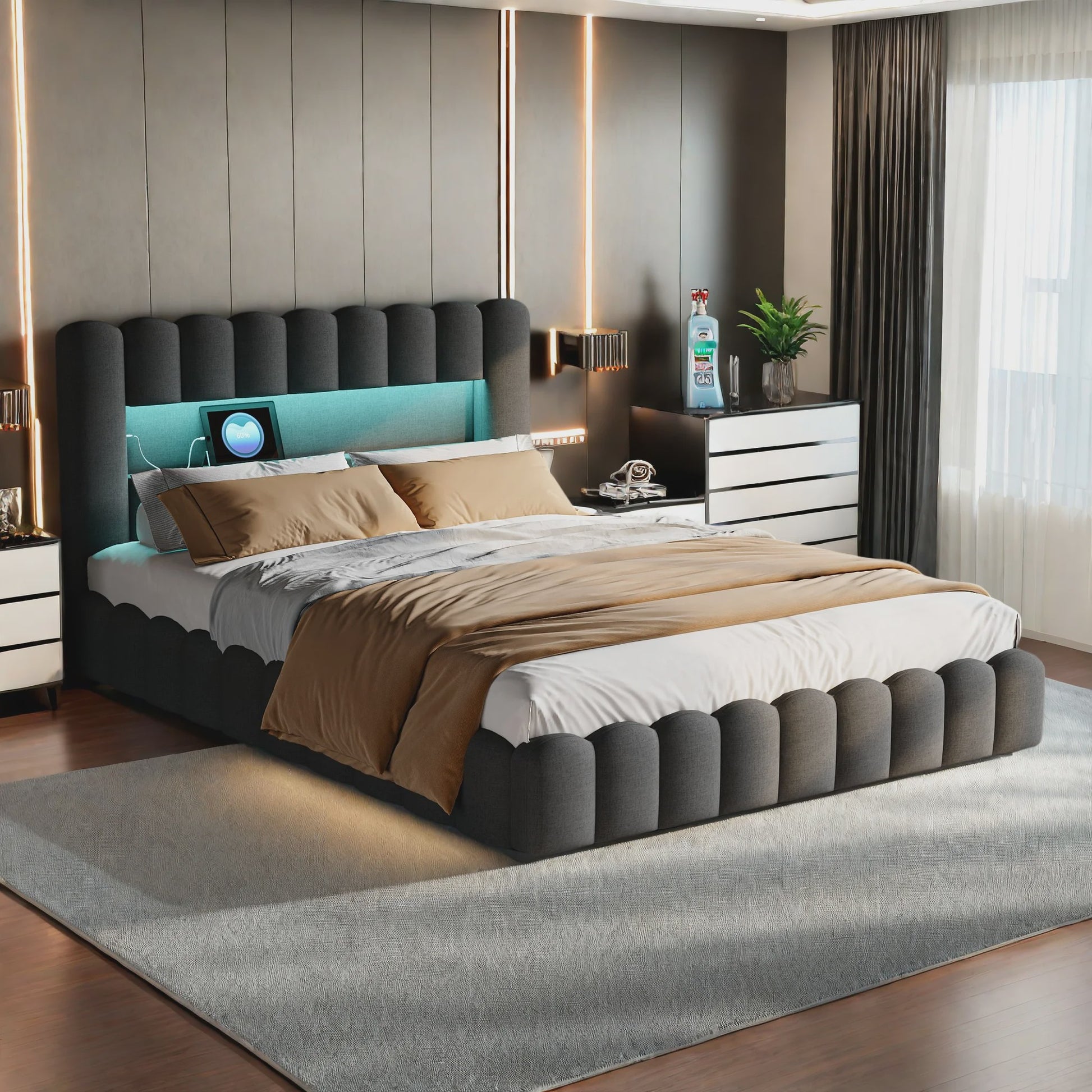 Luxe Gestoffeerd Bed 180x200cm met LED-verlichting, USB & Hydraulische Opbergruimte