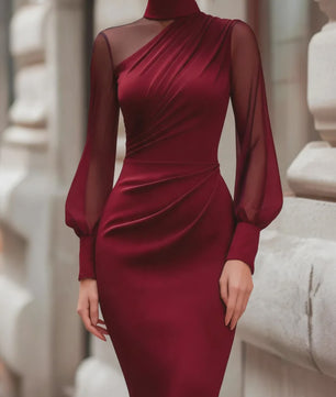 Dames Elegante Mesh Jurk met Col en Ruches - Midi Lengte