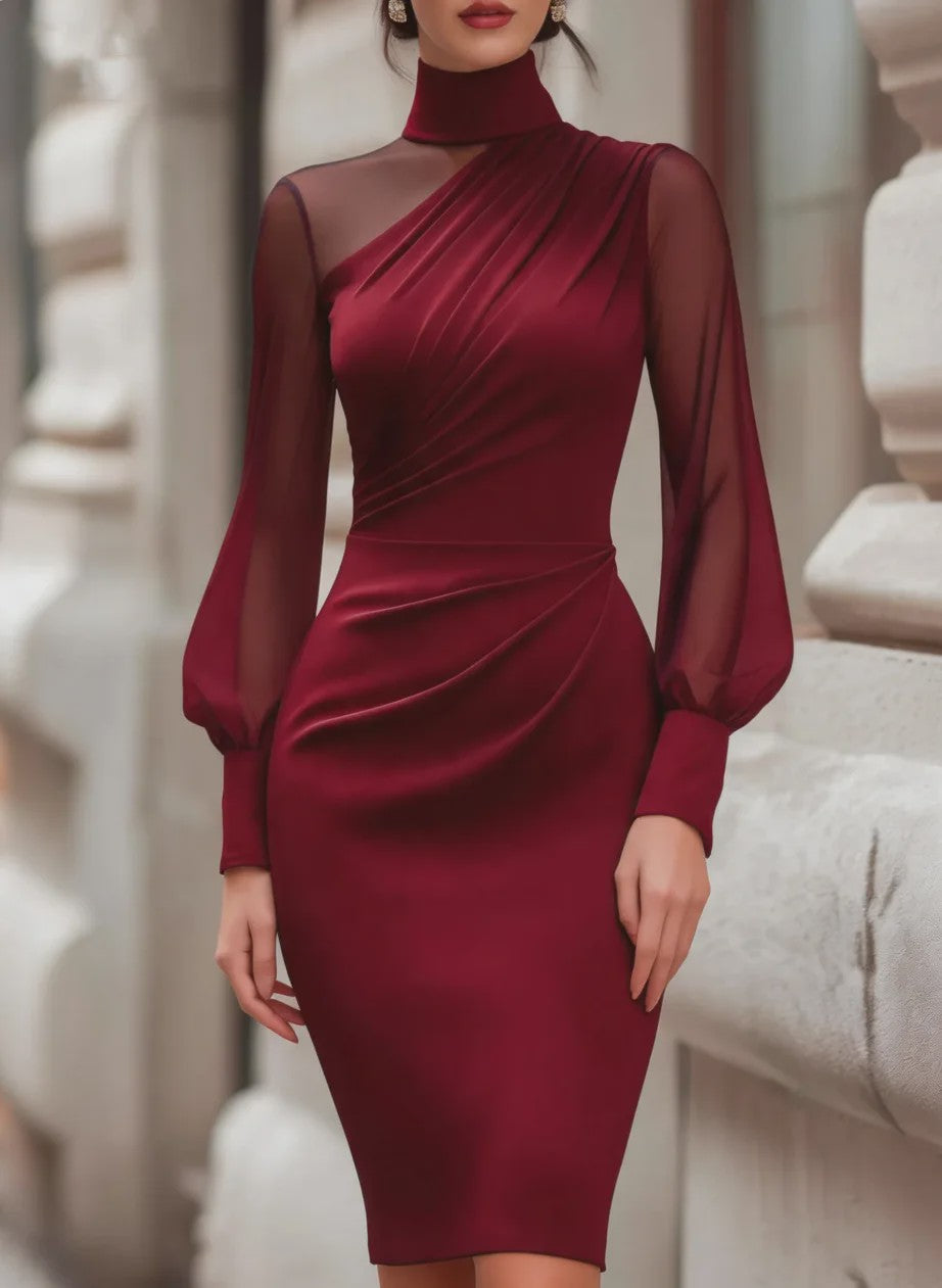 Dames Elegante Mesh Jurk met Col en Ruches - Midi Lengte