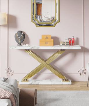 Moderne Console Tafel met Faux Marmer en Gouden X-Frame - 140 cm