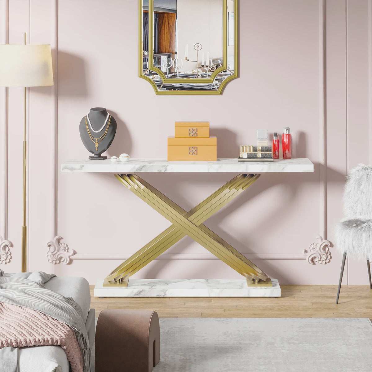 Moderne Console Tafel met Faux Marmer en Gouden X-Frame - 140 cm