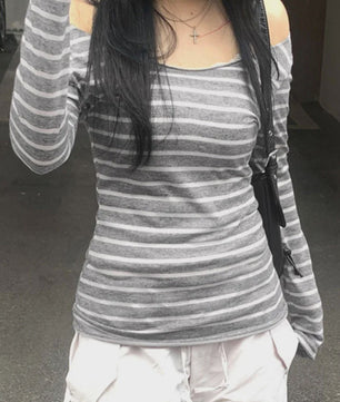 Dames Off-Shoulder Gestreept T-shirt met Lange Mouwen - Y2K Street Style