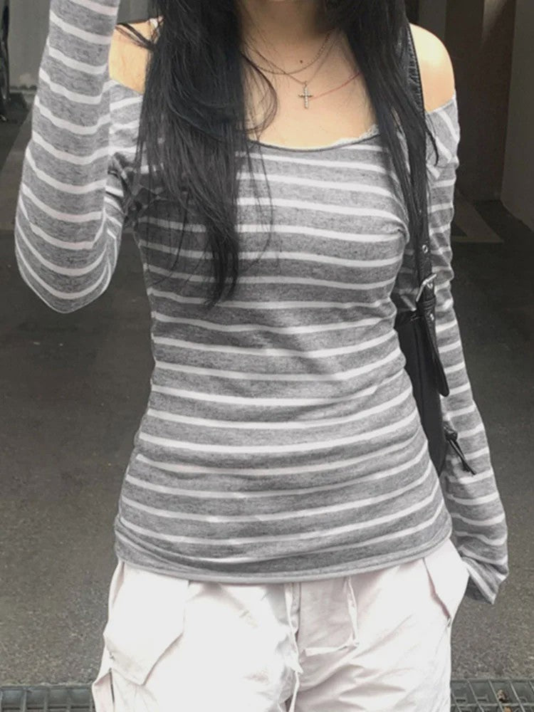 Dames Off-Shoulder Gestreept T-shirt met Lange Mouwen - Y2K Street Style
