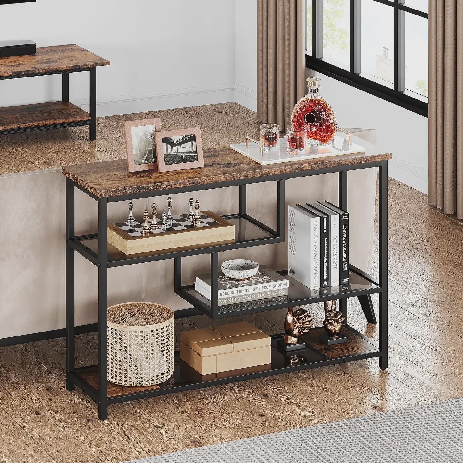 Industriële Vintage Console Tafel met 4 Niveaus en Glazen Bladen