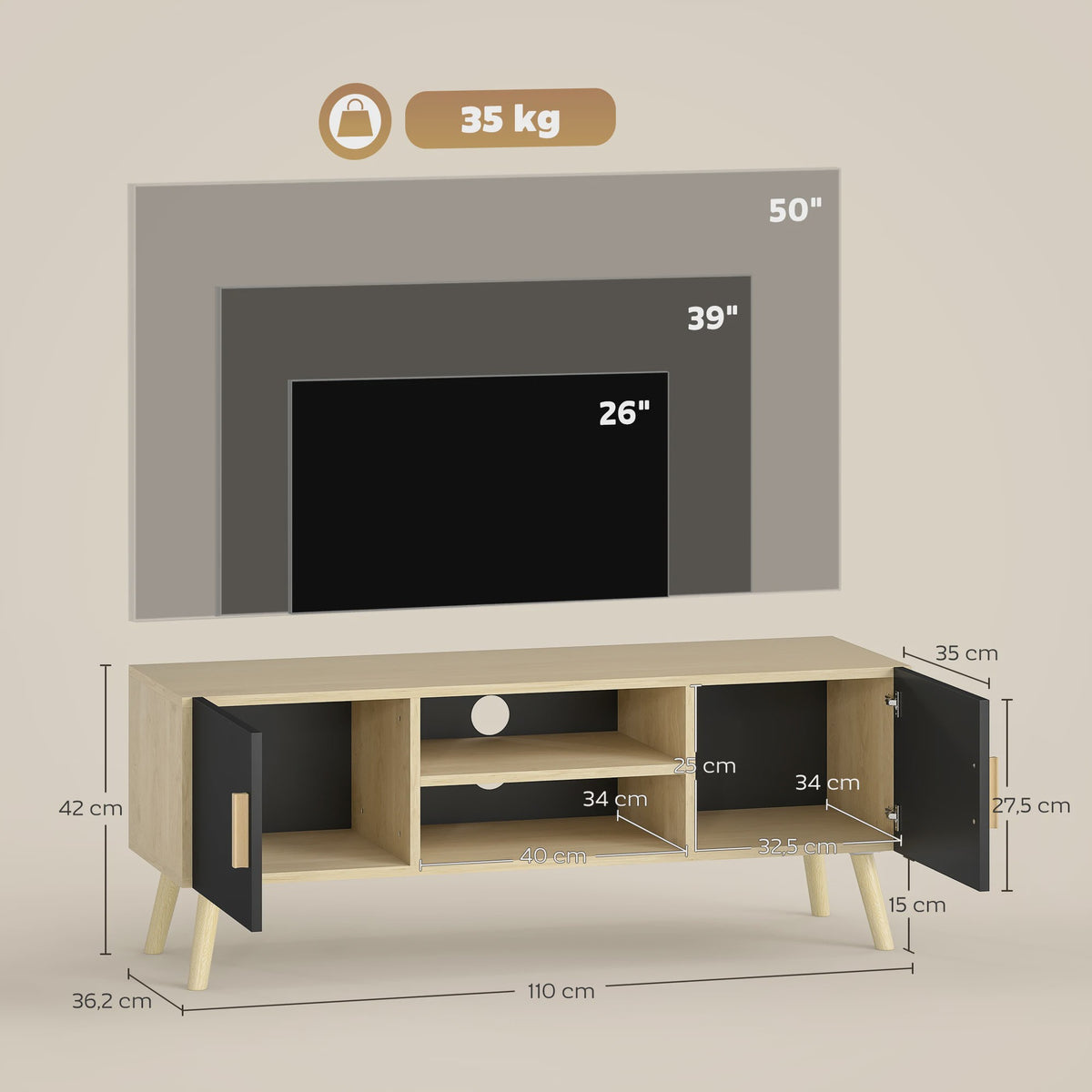 HOMCOM Furniture TV Furniture TV drink TV bench up to 50 inch with shelves, 2 closets and cable passes for living room, bedroom, 110x42 cm, oak and black