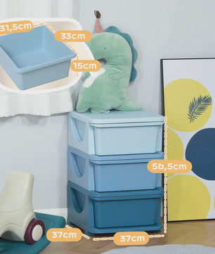 Homcom Kinder Opbergtoren met 3 Lades - Plastic Speelgoed Opbergkast