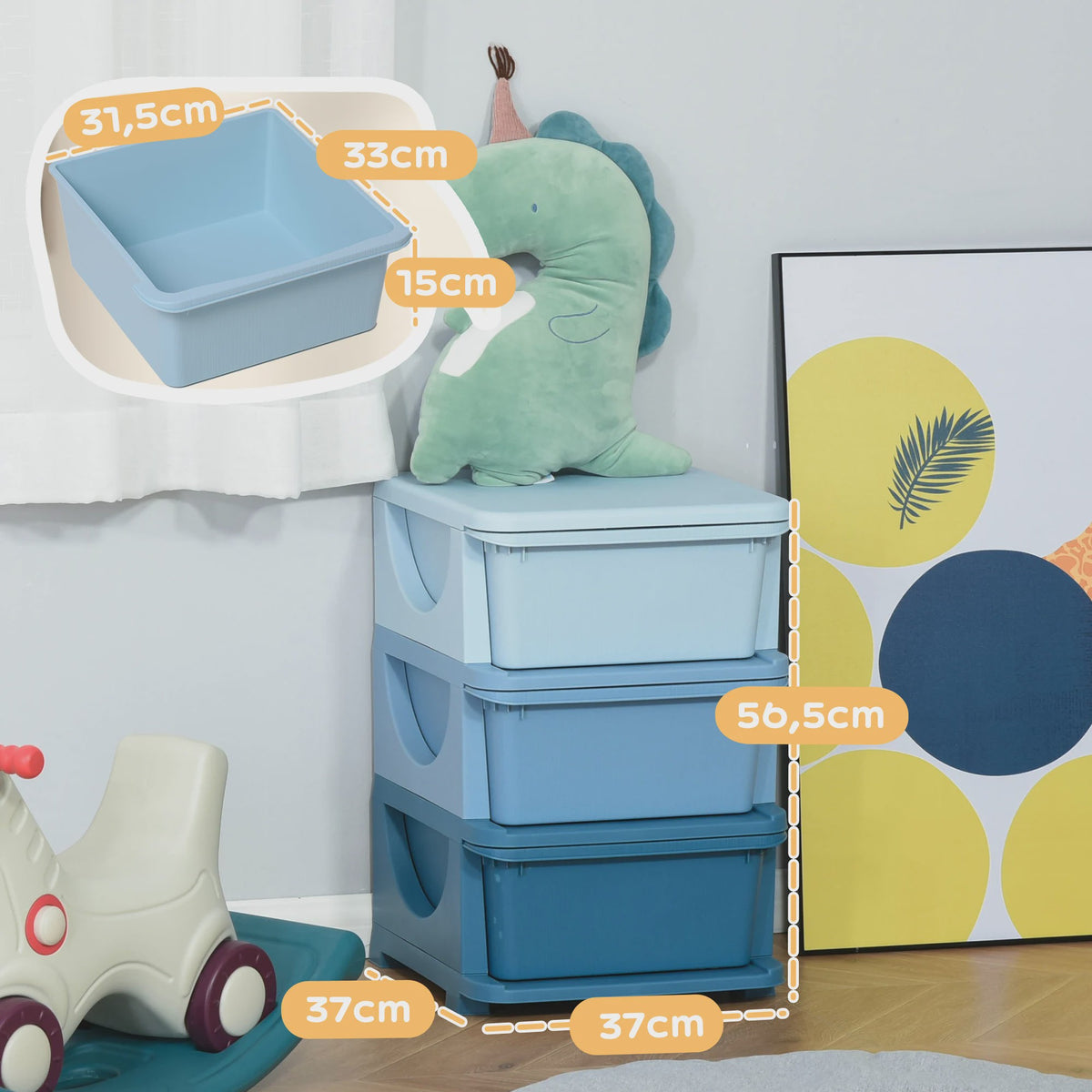 Homcom Kinder Opbergtoren met 3 Lades - Plastic Speelgoed Opbergkast