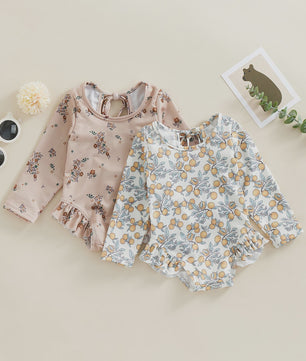 Zomerse Baby Meisjes Zwempak met Bloemenprint, Lange Mouwen en Ruches