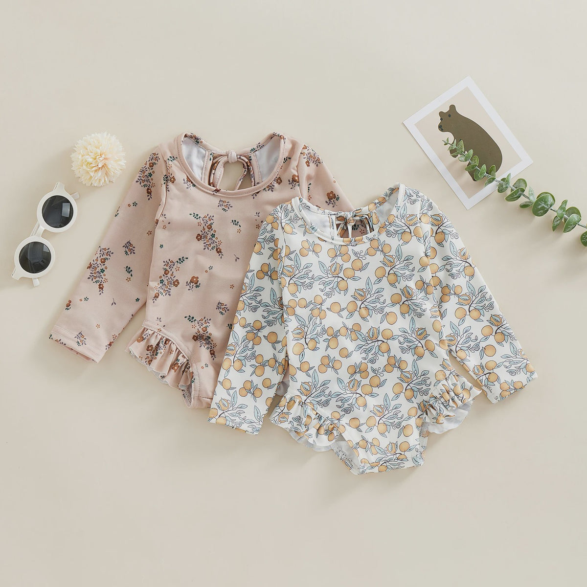 Zomerse Baby Meisjes Zwempak met Bloemenprint, Lange Mouwen en Ruches