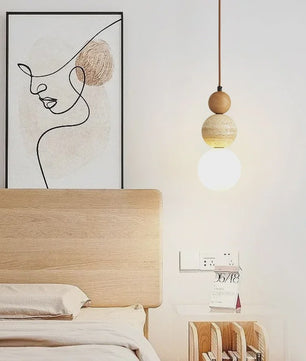 Stijlvolle Cream Wabi-Sabi Hanglamp met Hout en Natuursteen - Sfeervol Licht voor Slaapkamer of Bar